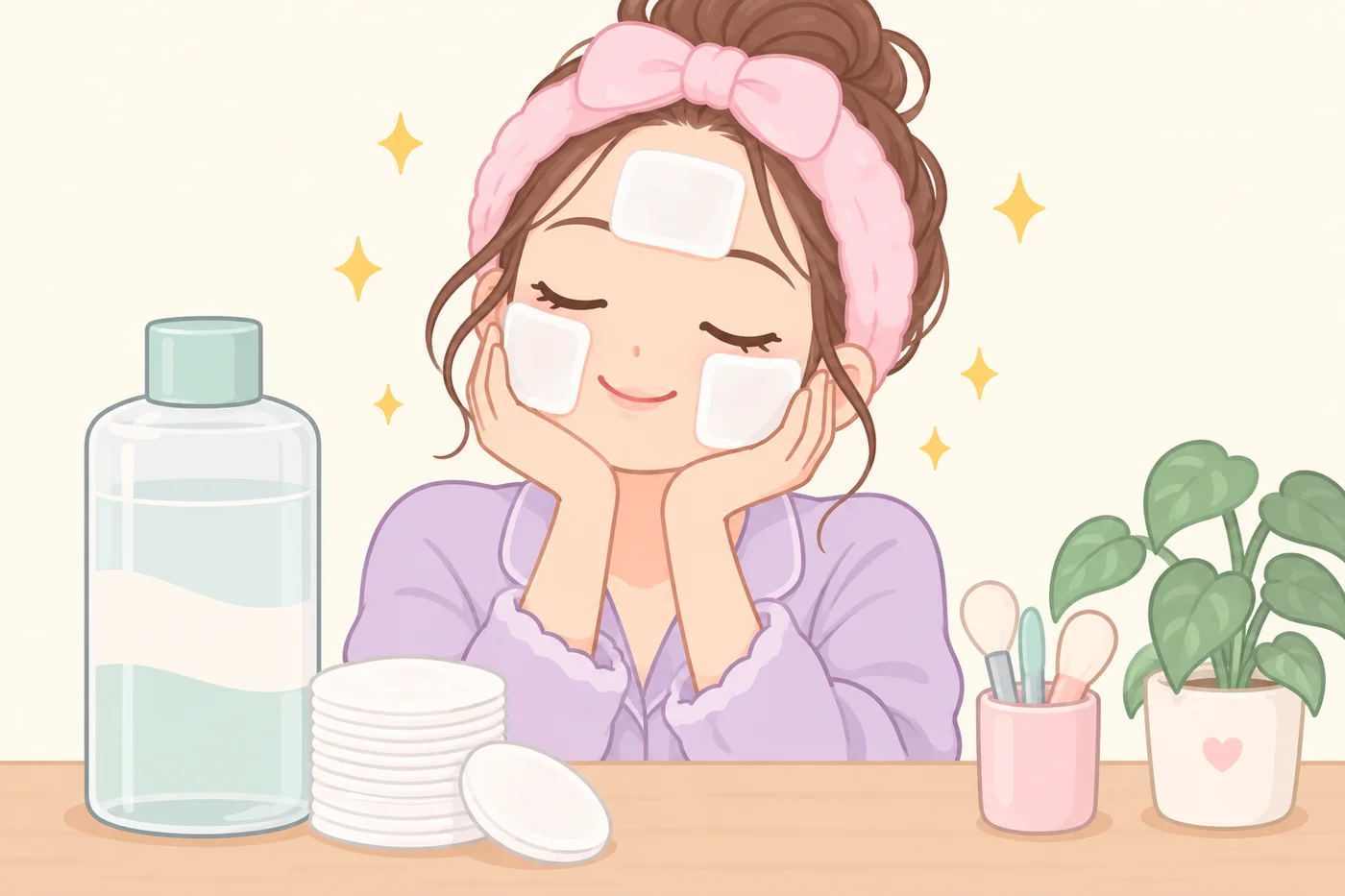 化粧水を含ませたコットンを頬と額にのせてコットンパックをしている女性のイラスト