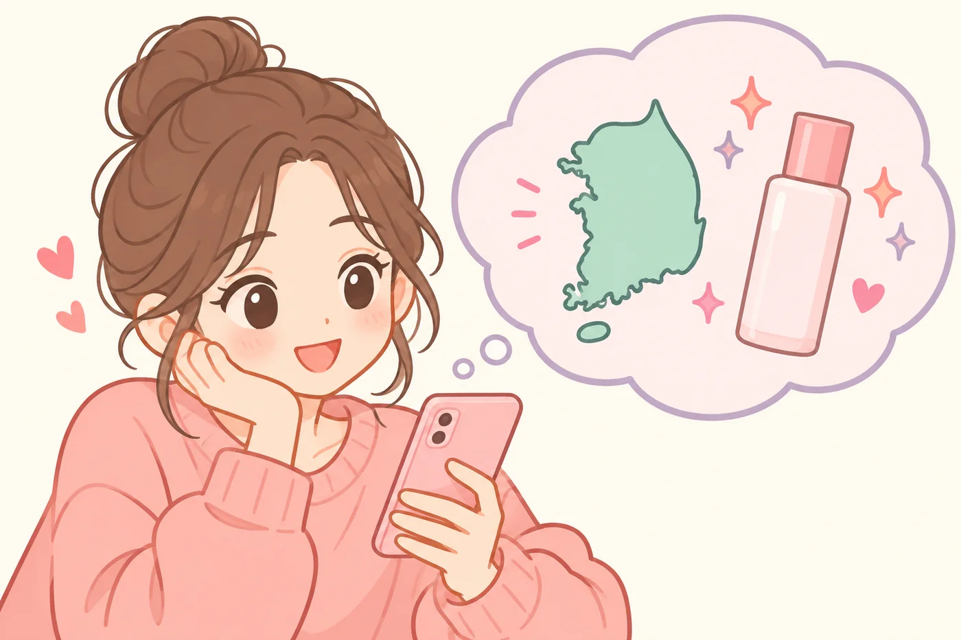 韓国発のコスメブランドであることを表すイラスト、女性がスマホで商品を調べている様子