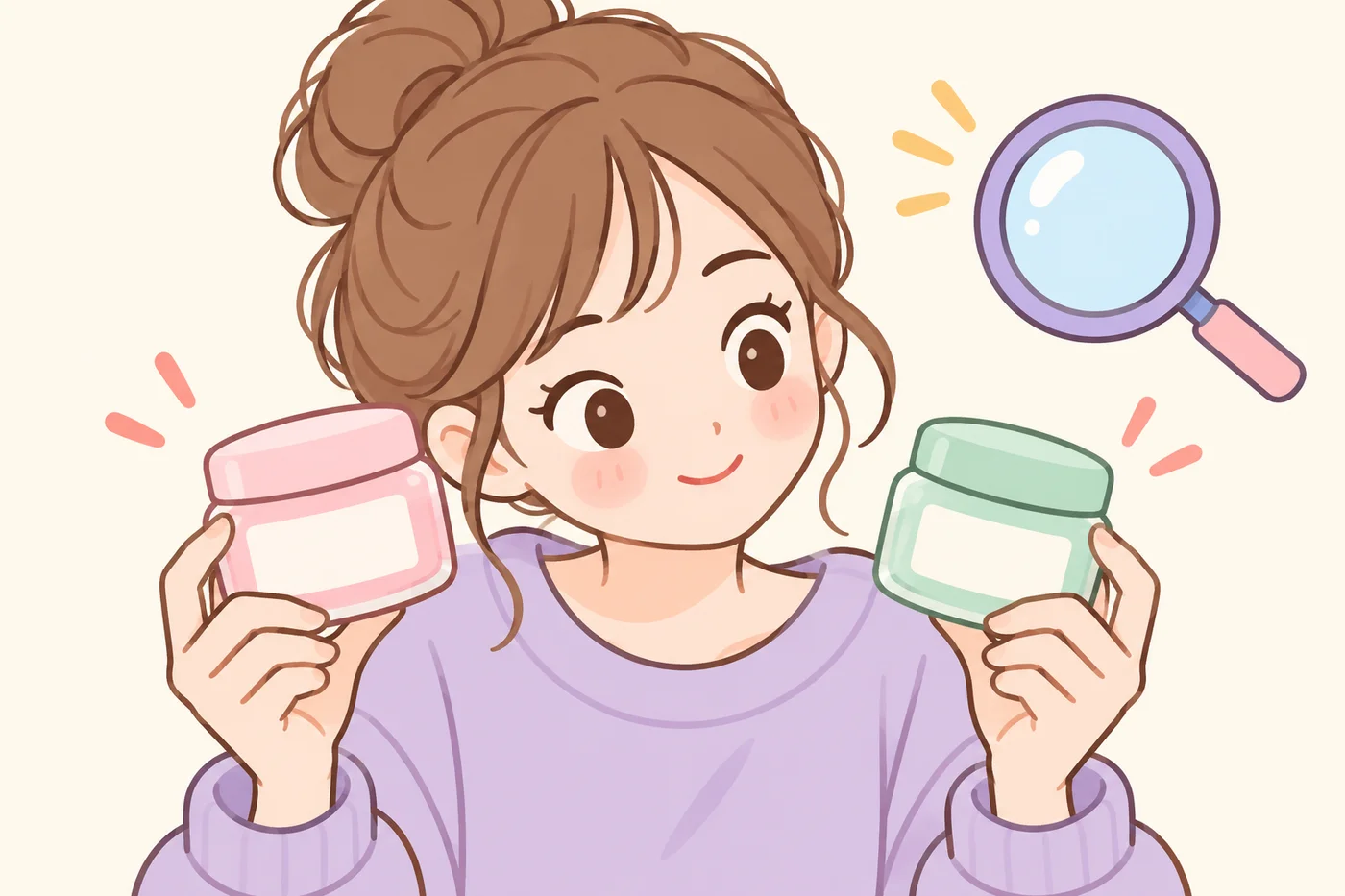 商品の正規品・出品元を確認している女性のイラスト