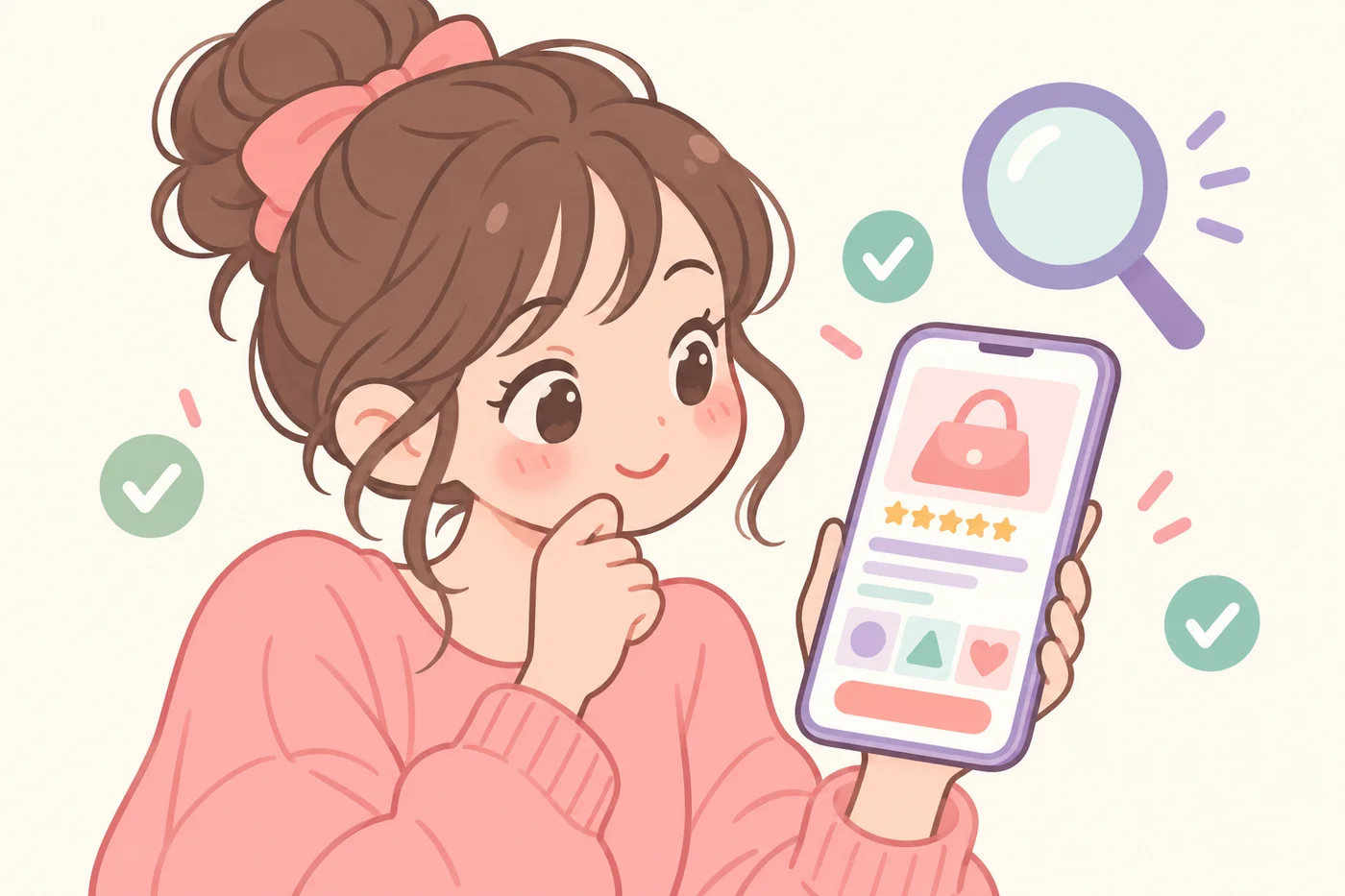 スマホで通販ページを虫眼鏡で確認している女性のイラスト