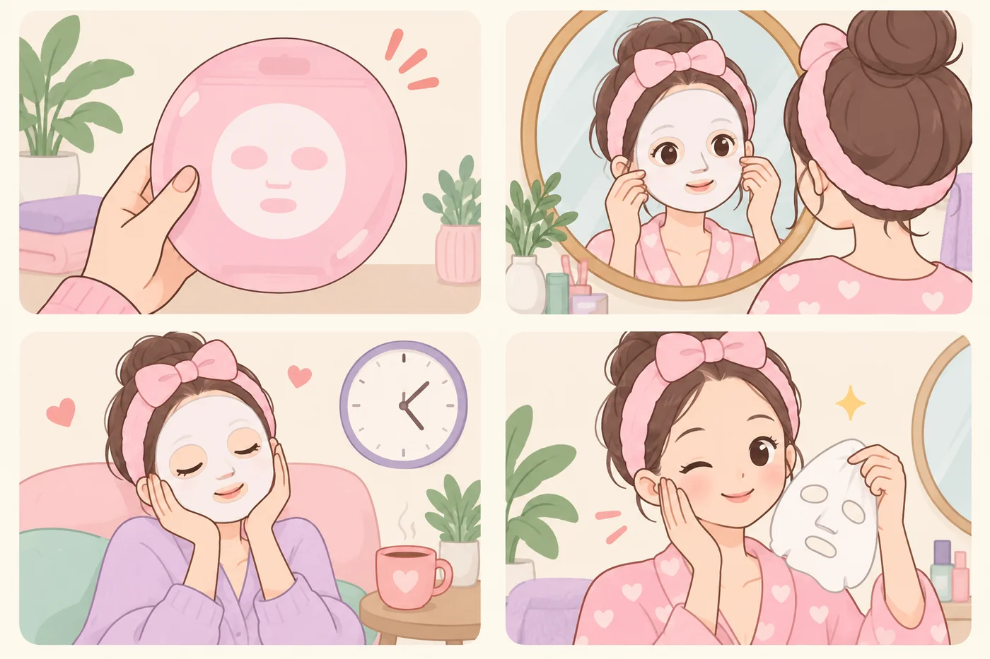 洗顔後にシートマスクを貼り、時間を置いて剥がす4コマの手順イラスト