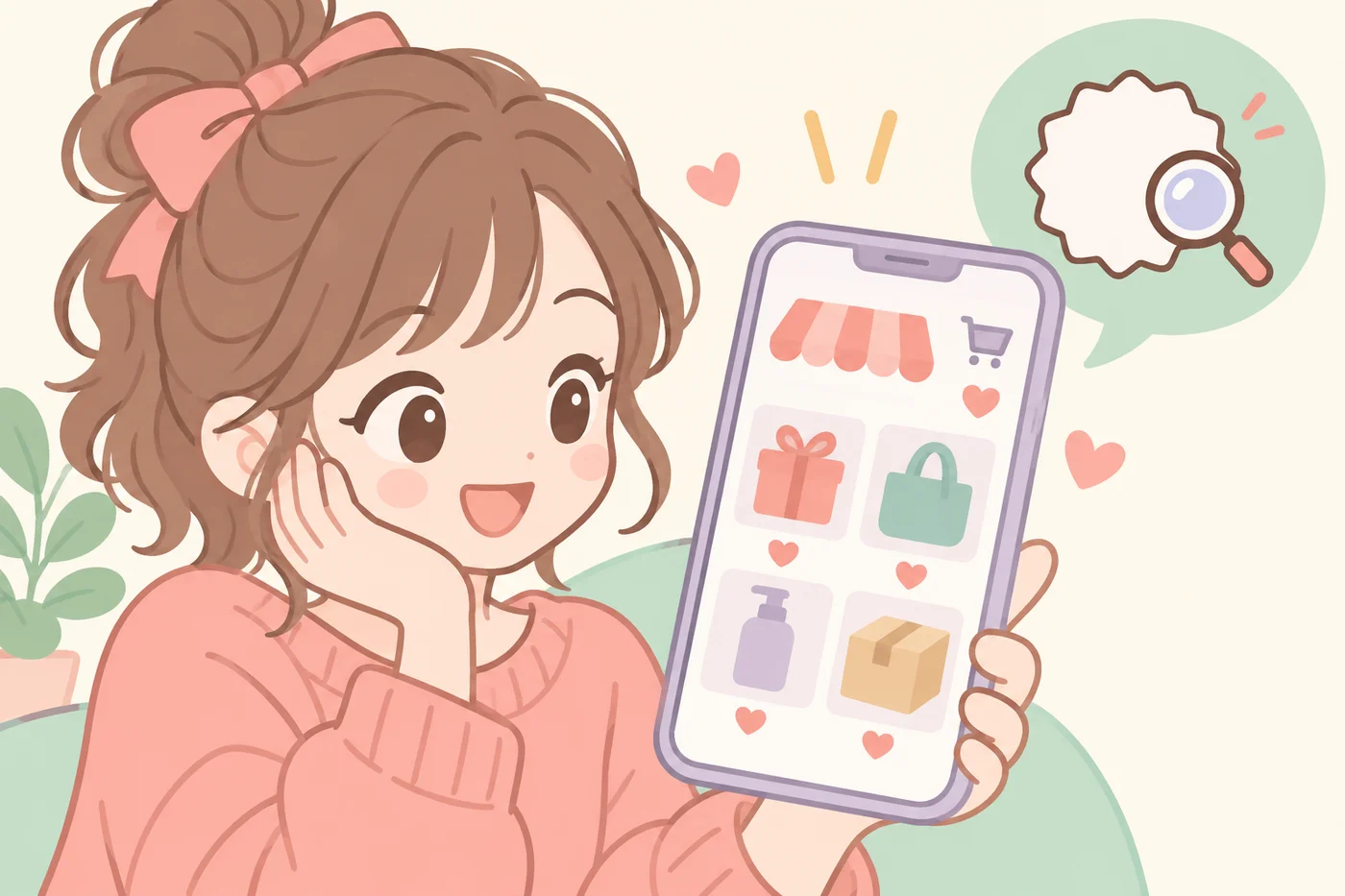 スマホで正規の販売ページかどうかを確認している様子のイラスト
