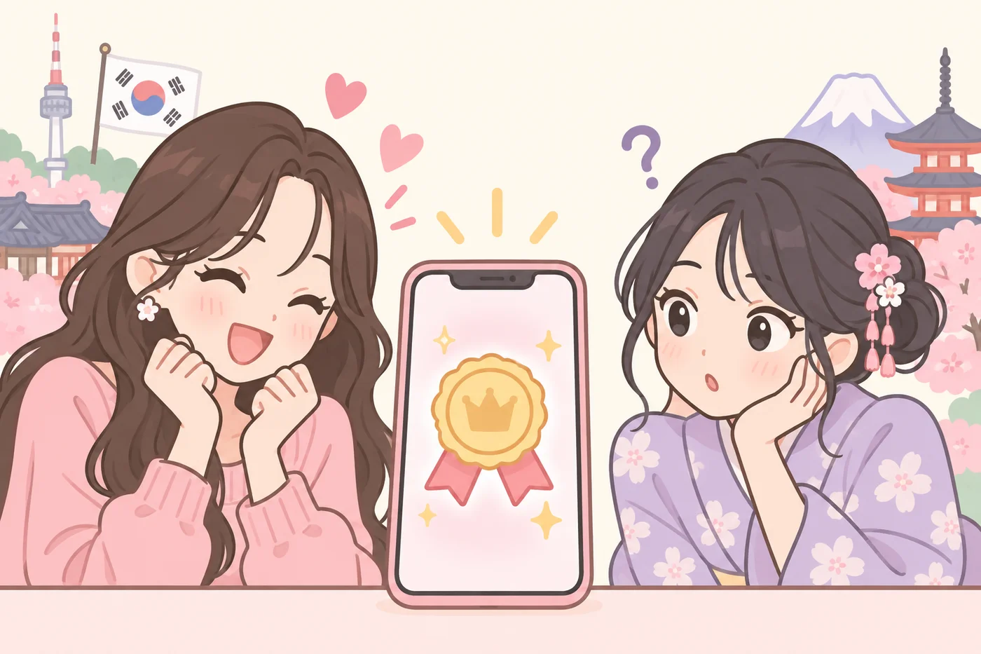 韓国で人気だが日本では認知度が低いことを表す2人の女性のイラスト