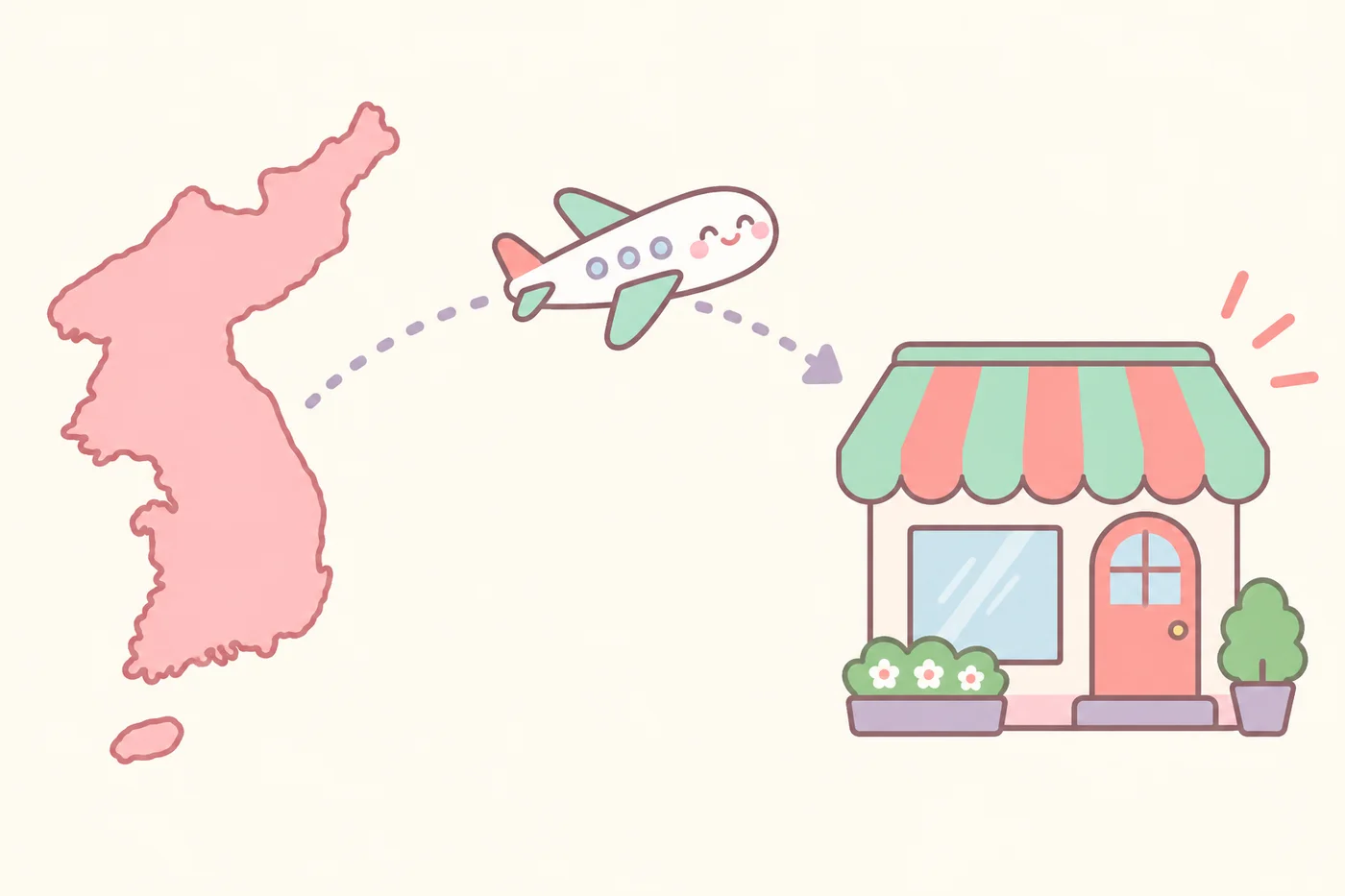 韓国から日本へ商品が届く様子を示す地図とお店のアイコンのイラスト