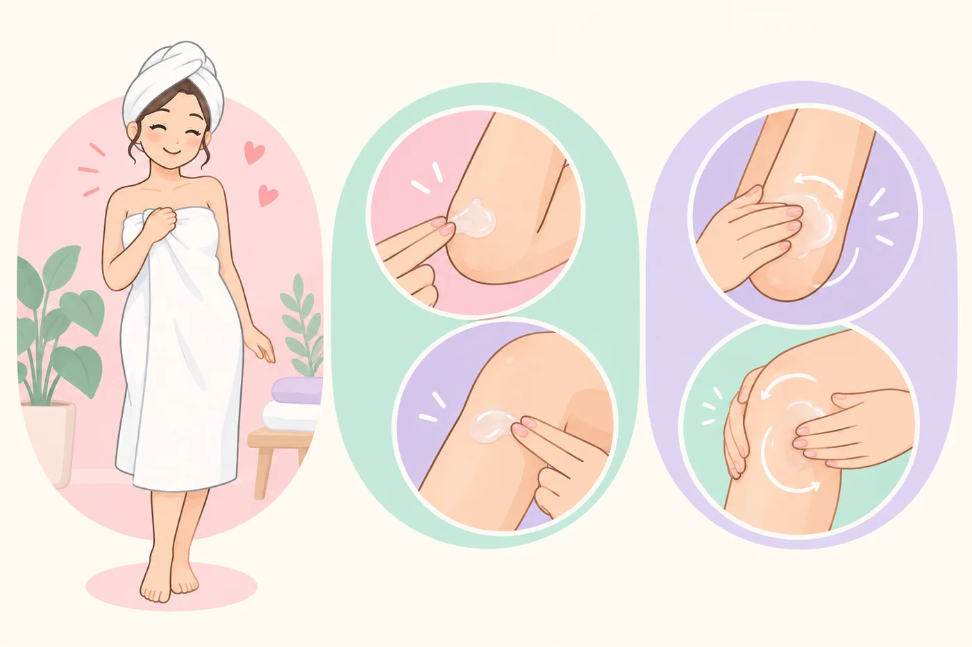 入浴後に肘や膝にジェルクリームをなじませる3ステップのイラスト
