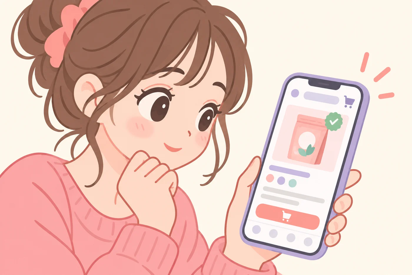 スマートフォンで公式ショップ表示を確認している女性のイラスト