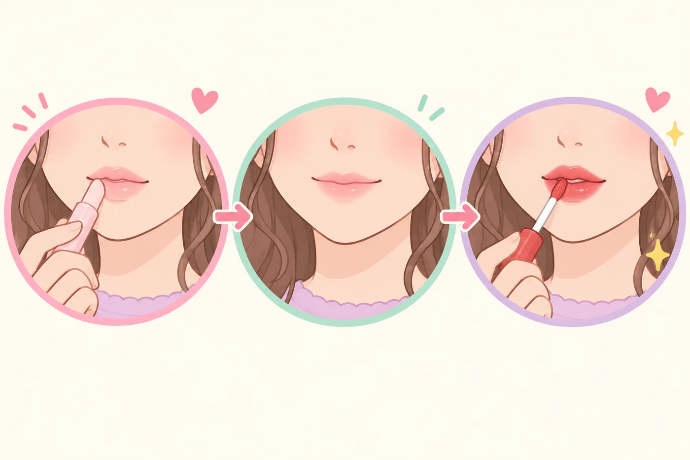 リッププライマーを塗ってから口紅を重ねる3ステップのイラスト