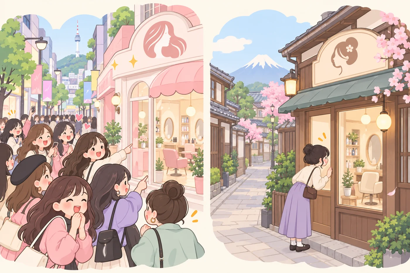 韓国で人気のヘアサロンが日本ではまだあまり知られていない様子を表すイラスト