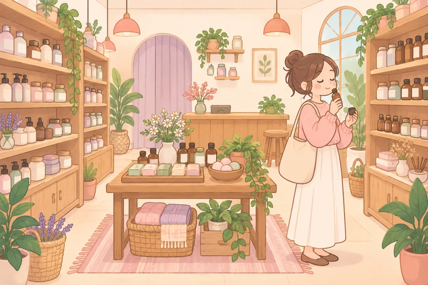書店とマーケットを合わせたような雰囲気の店内で商品を試す人のイラスト