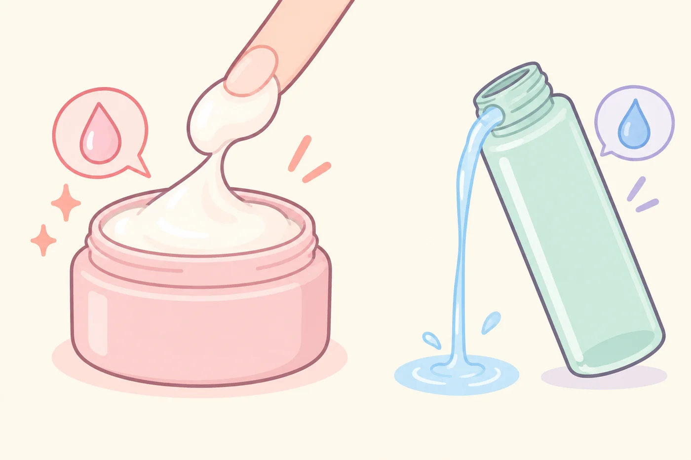 こってりしたクリームタイプとさらさらのトナータイプを対比したイラスト