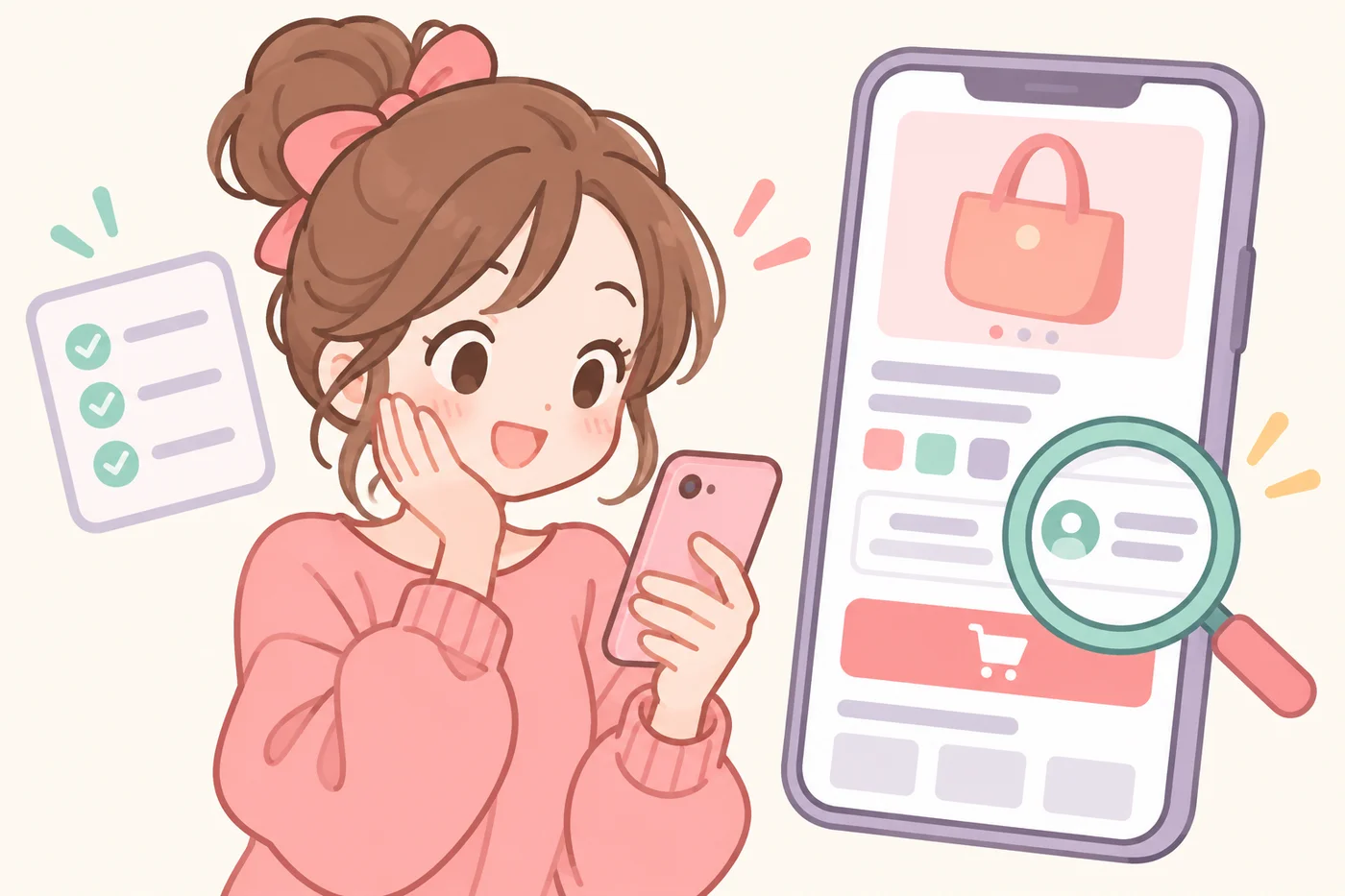 スマートフォンでショップの出品者情報を確認している人のイラスト