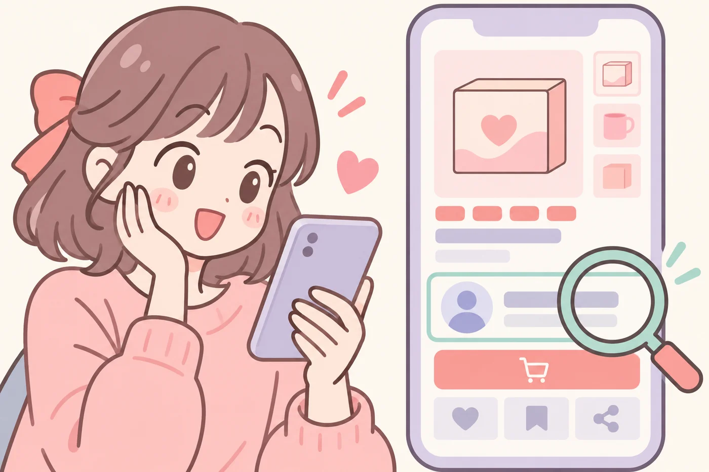スマートフォンでネット通販の出品者情報を確認する様子のイラスト