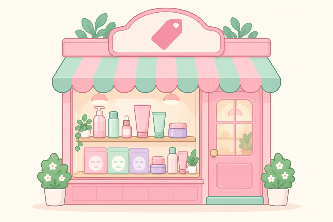 韓国のダイソー店内に化粧品が並ぶ様子のイラスト