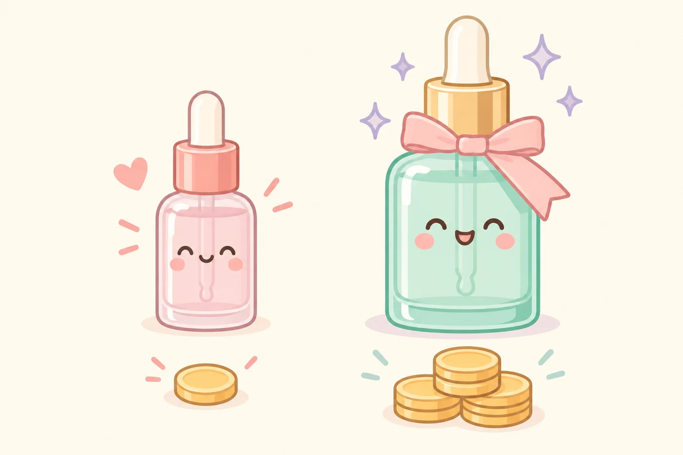 手頃な価格帯のアイテムと高価格帯のアイテムを並べて比較するイラスト