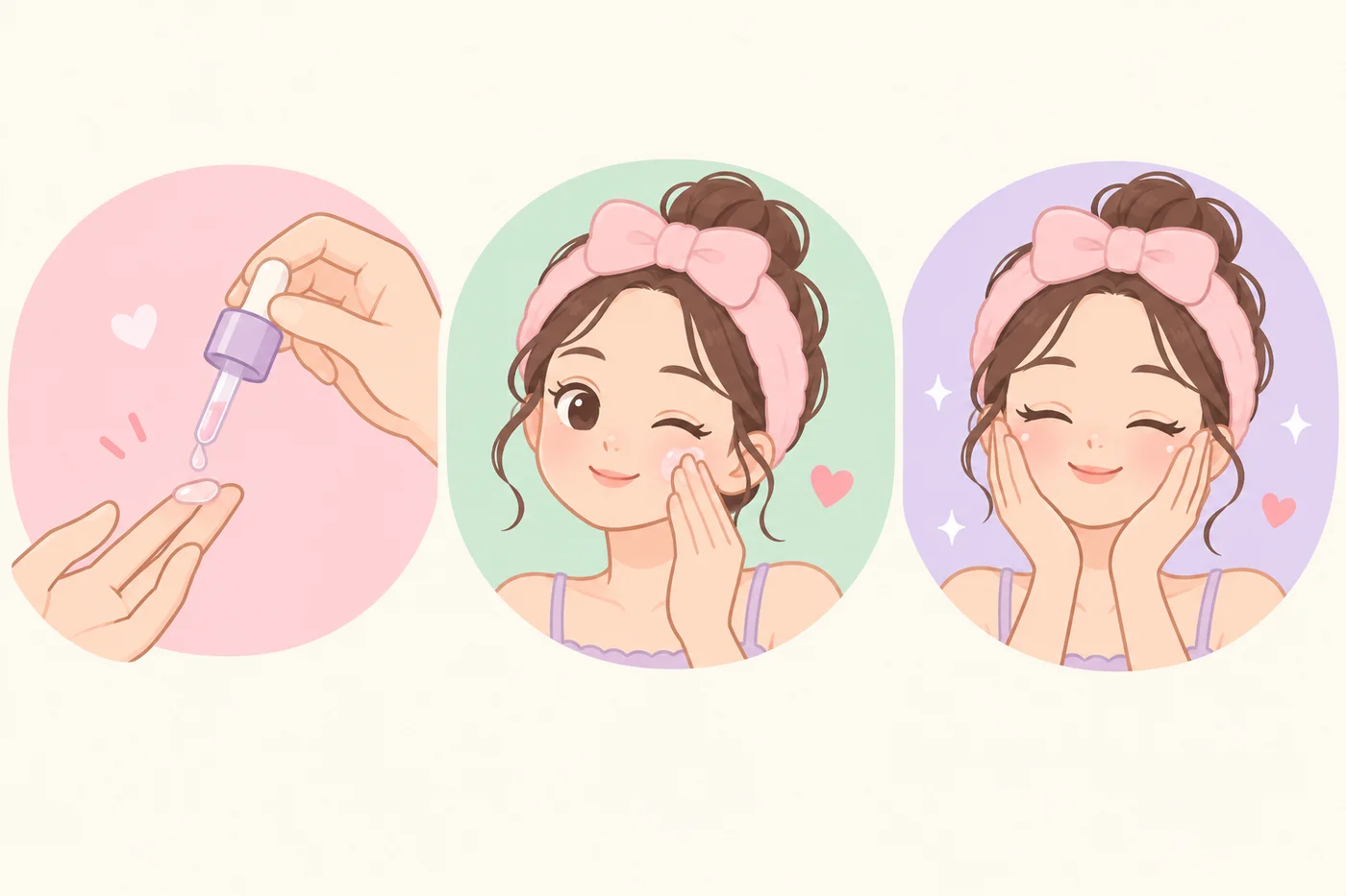 美容液タイプのアイテムを手に取り、肌になじませ、ハンドプレスする3ステップのイラスト
