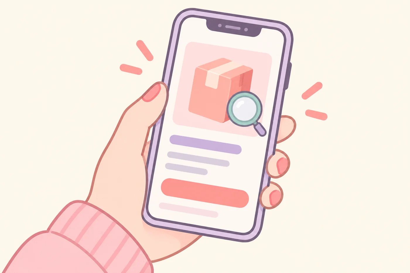 スマートフォンで販売ページを確認している様子のイラスト