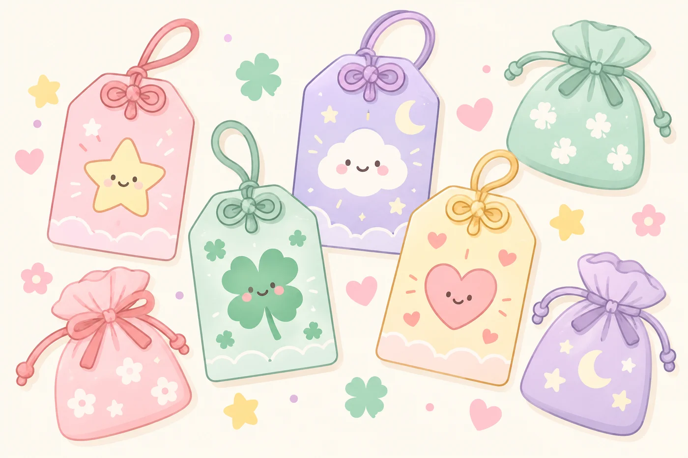 パステルカラーのカード型お守りとポーチ型お守りを並べたイラスト