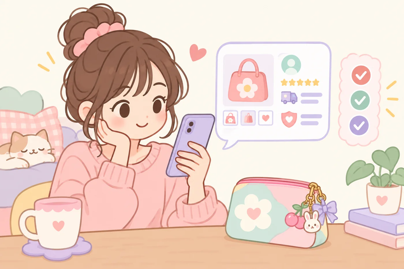 スマートフォンで販売ページの情報を確認する女性のイラスト