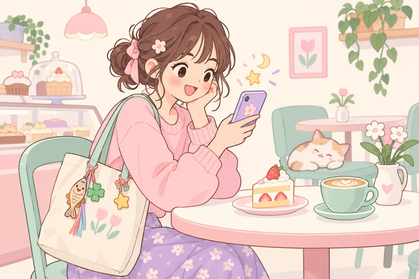 スマホで占いを見ながら、お守りキーリングを付けたバッグを持つ女性のイラスト