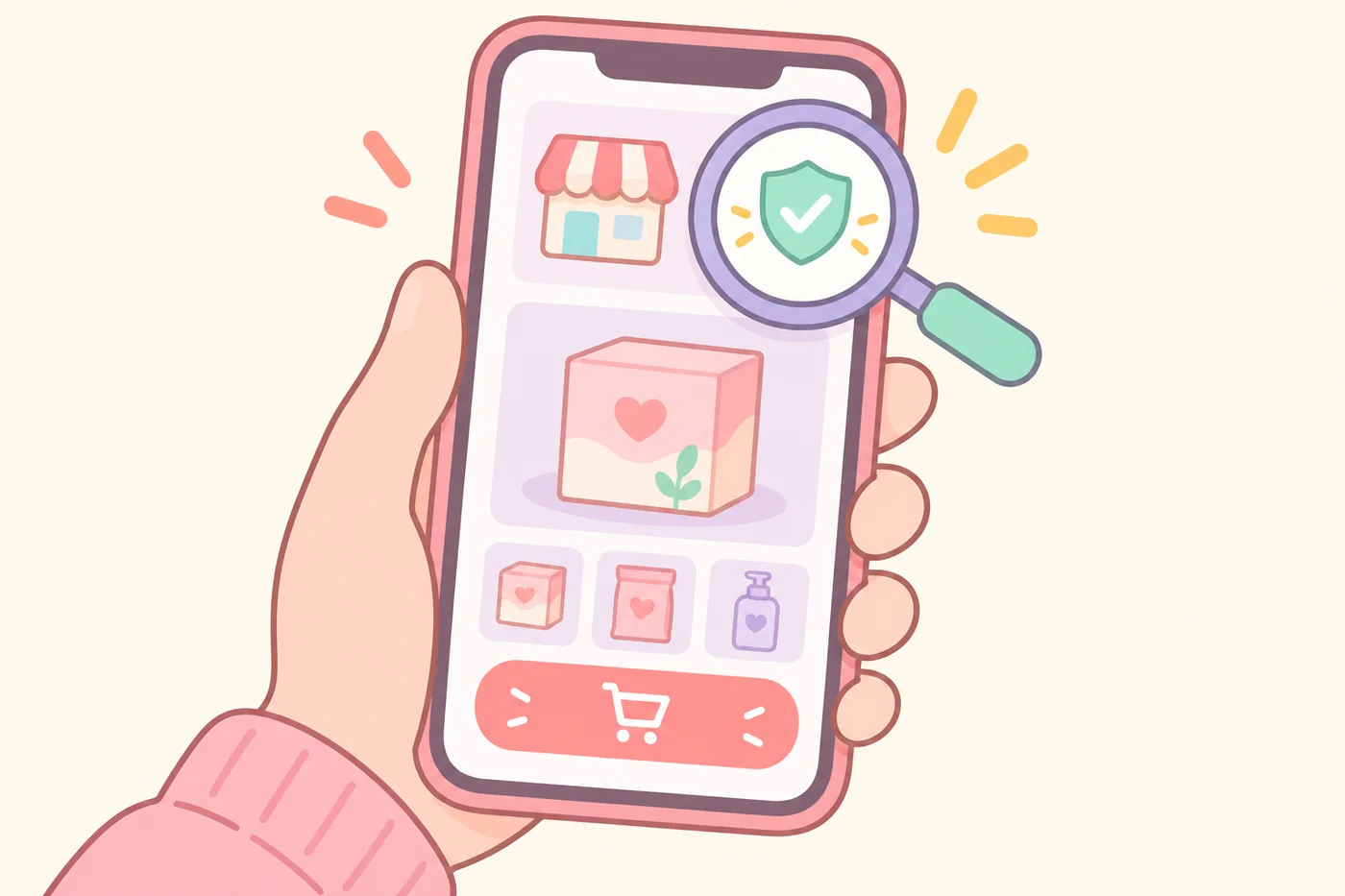スマートフォンで販売元情報を確認している様子のイラスト