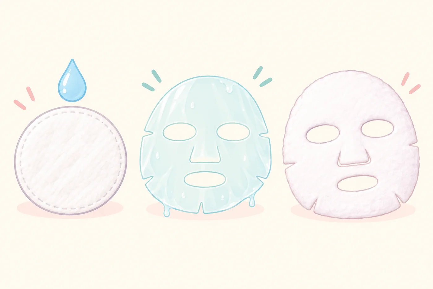 トナーパッド、スキンパック、シートマスクの3種類を並べたイラスト