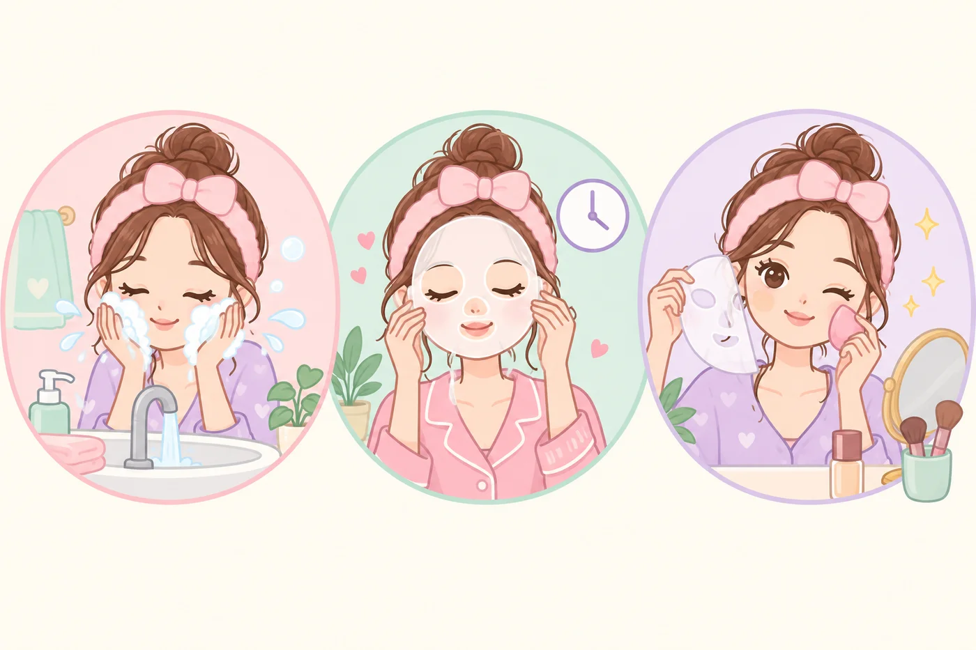 洗顔後にスキンパックをのせてメイクに進む3ステップのイラスト