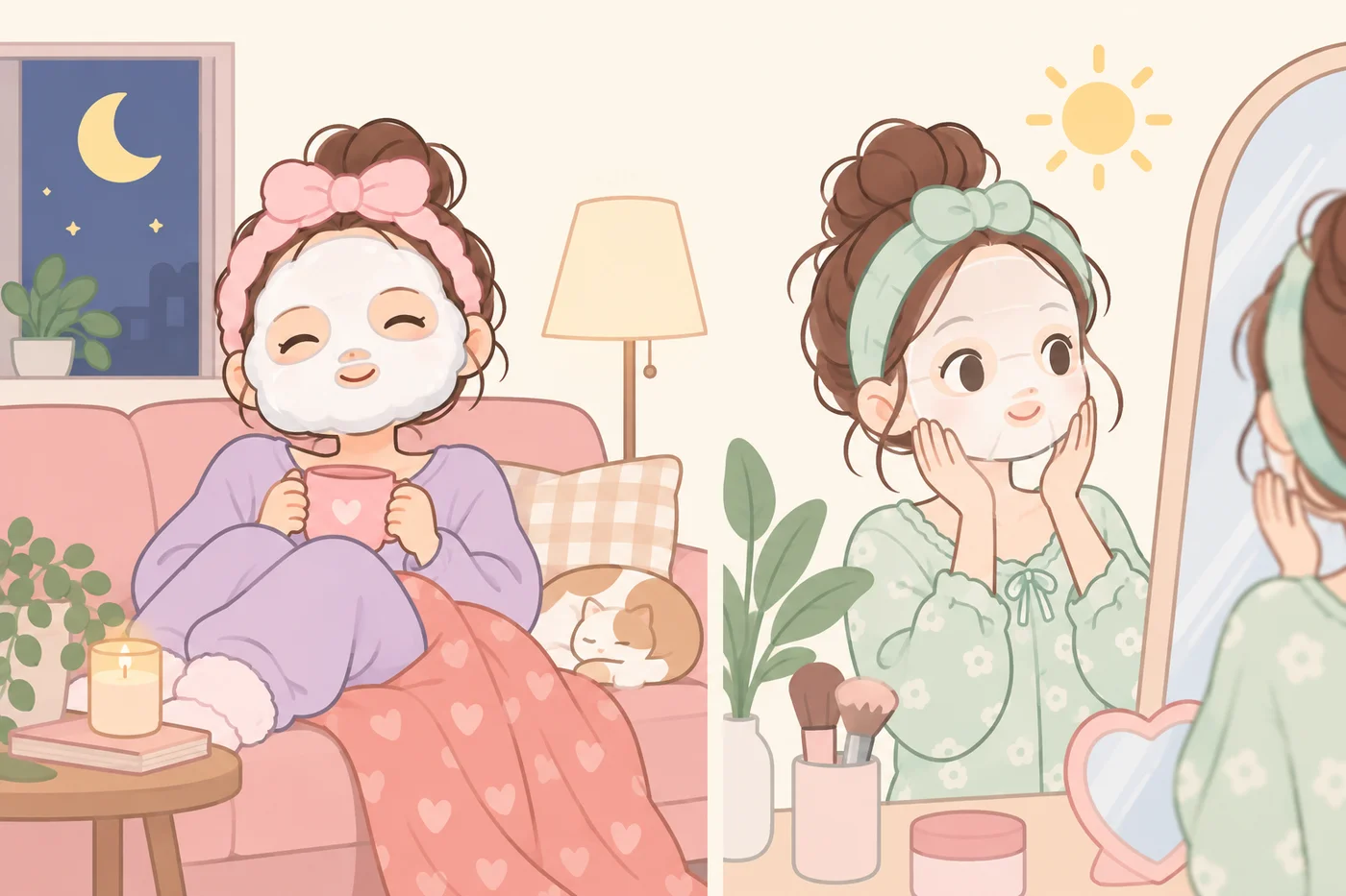 夜のシートマスクと朝のスキンパックの使用シーンを比較したイラスト