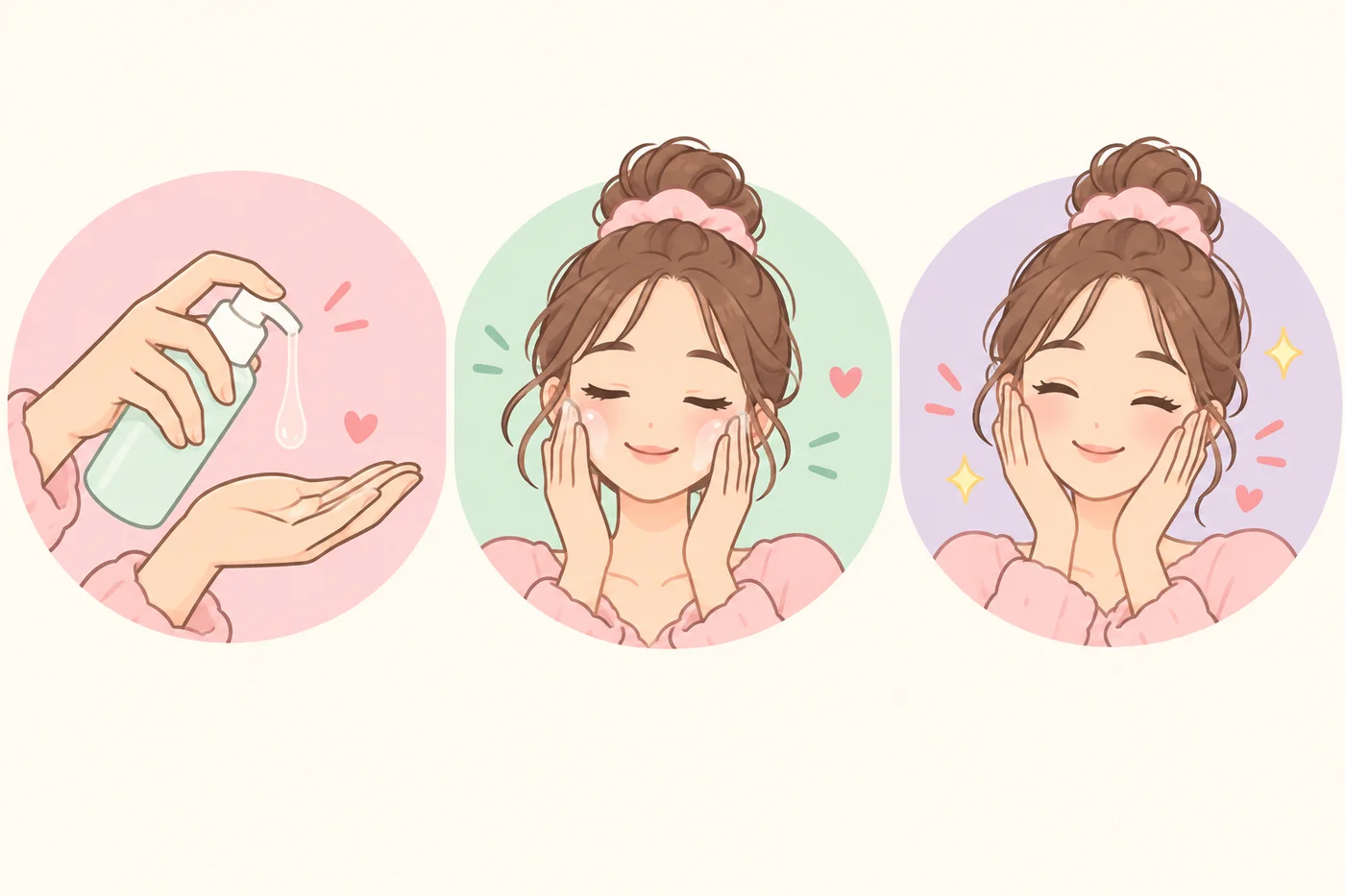 手のひらに出す、頬にのせる、押さえて浸透させるの3ステップイラスト