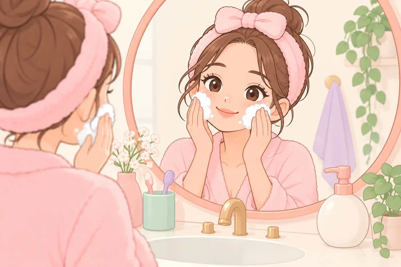 洗顔後の肌に指先で泡をなじませている女性のイラスト