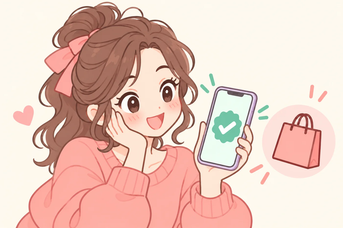 スマートフォンでショップを確認している女性のイラスト