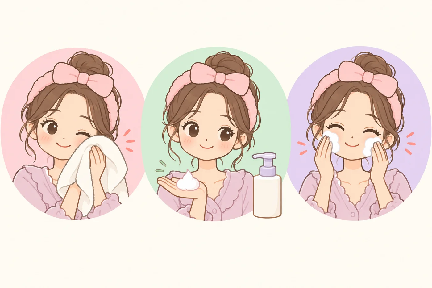洗顔、手に泡をとる、顔に泡をなじませるの3ステップのイラスト