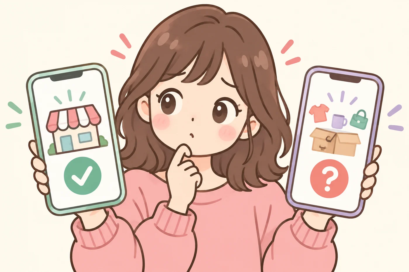 公式ストアと出所不明な出品を見比べて注意する様子のイラスト