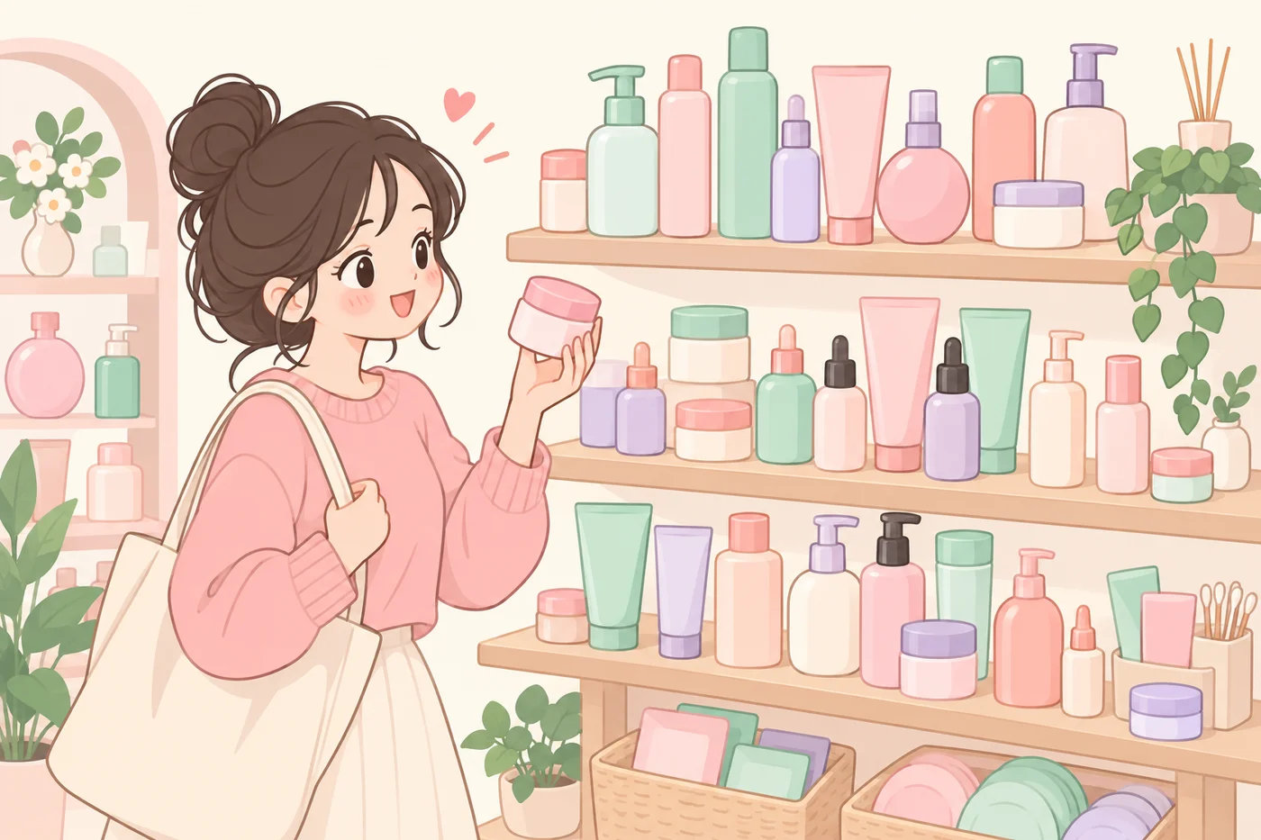 韓国のビューティーストアで多種多様なコスメが並ぶ様子のイラスト
