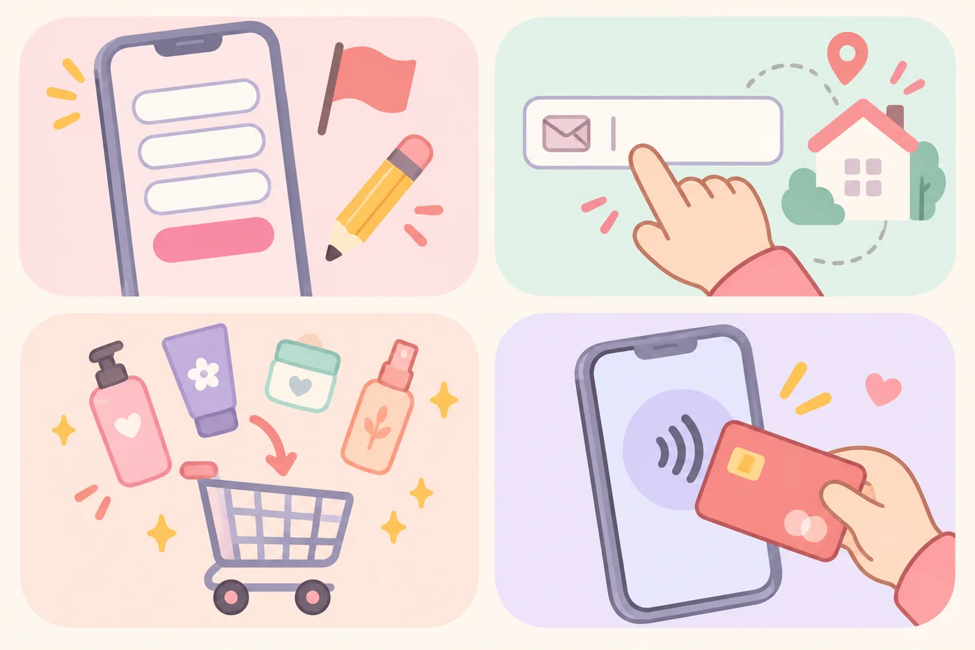 会員登録、住所入力、カート追加、決済の4ステップを示すイラスト