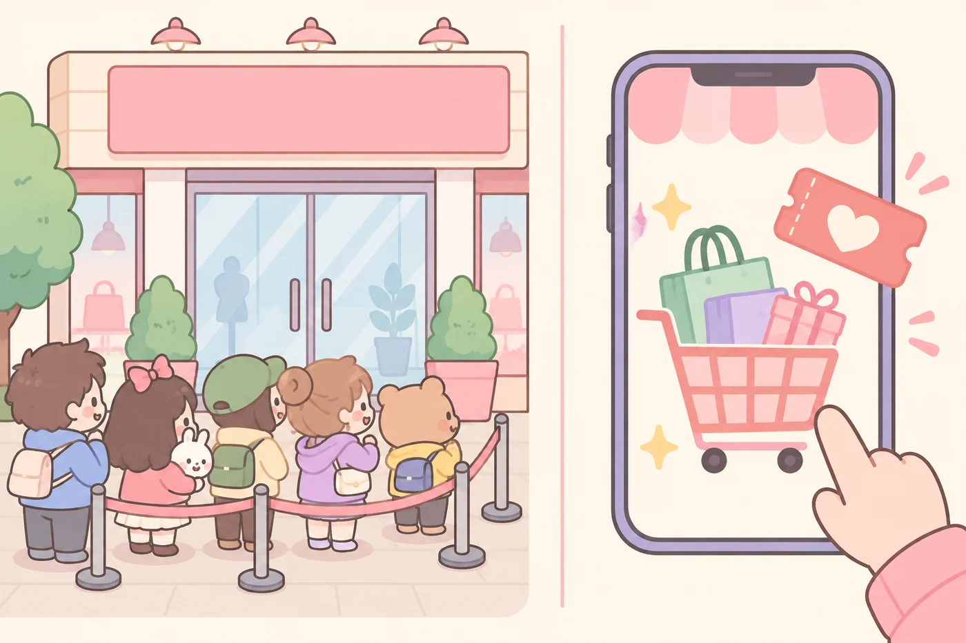 韓国の店舗セールとオンラインセールを対比したイラスト