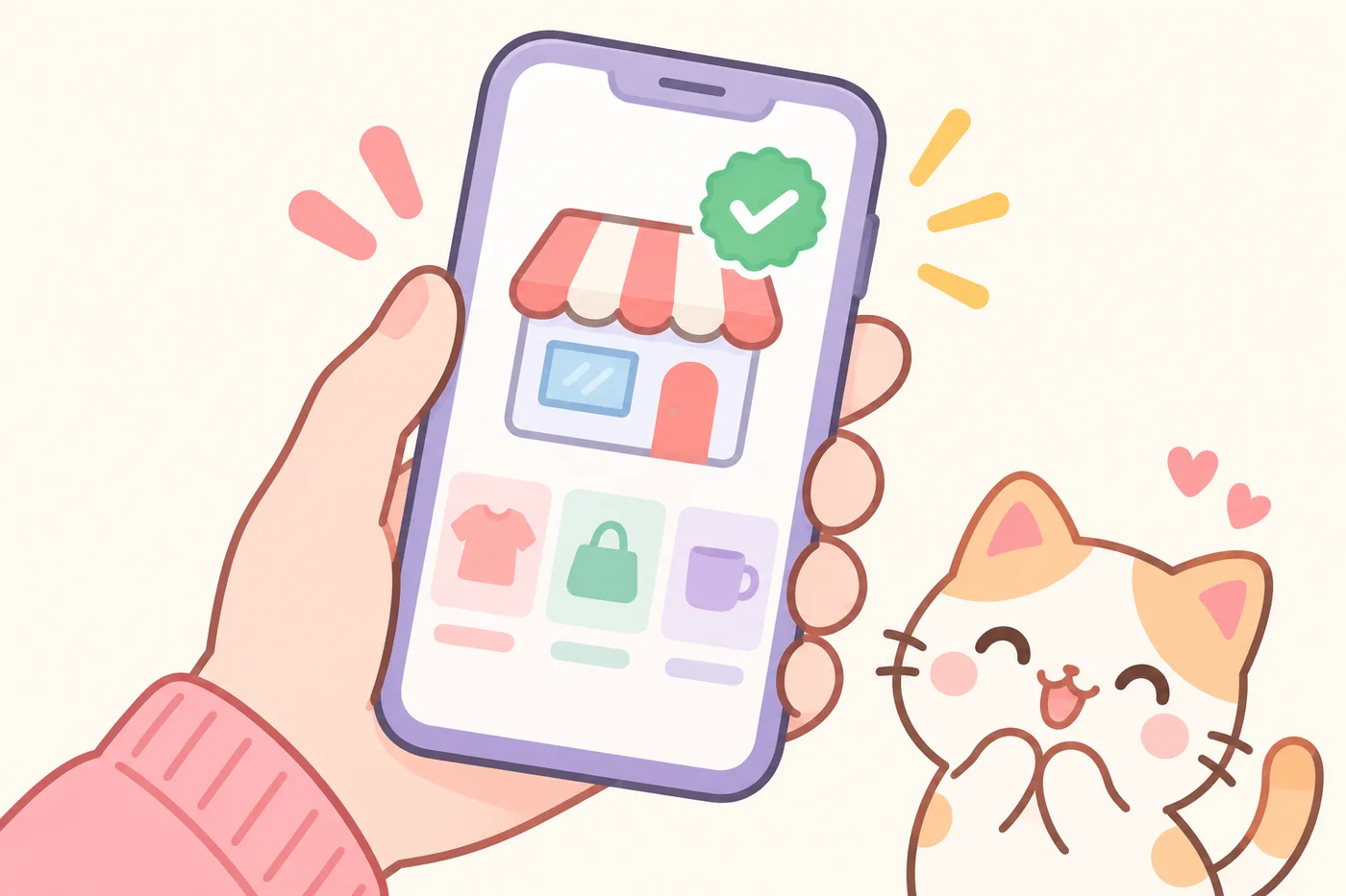 スマートフォンでネットショップの公式表示を確認している様子のイラスト