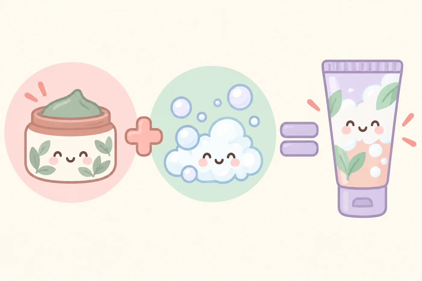 クレイパックと洗顔料が1本にまとまる様子を示す概念図のイラスト