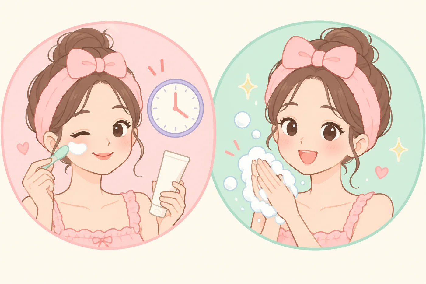 パックとして置く使い方と、泡立てて洗う使い方を並べたイラスト