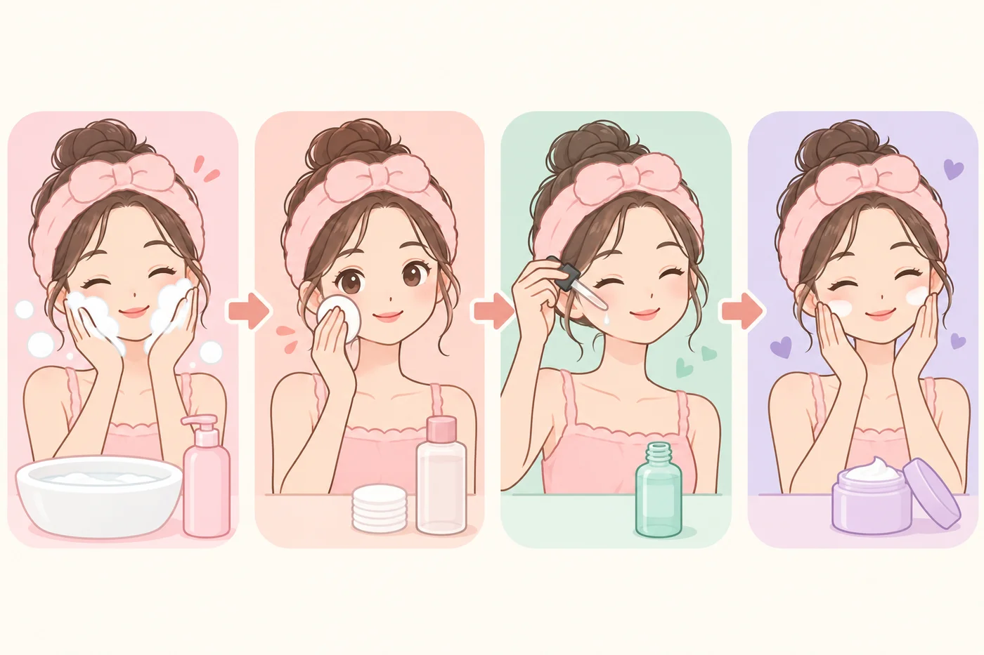 洗顔、コットンでトナー、美容液、乳液の順にスキンケアをする4コマのイラスト