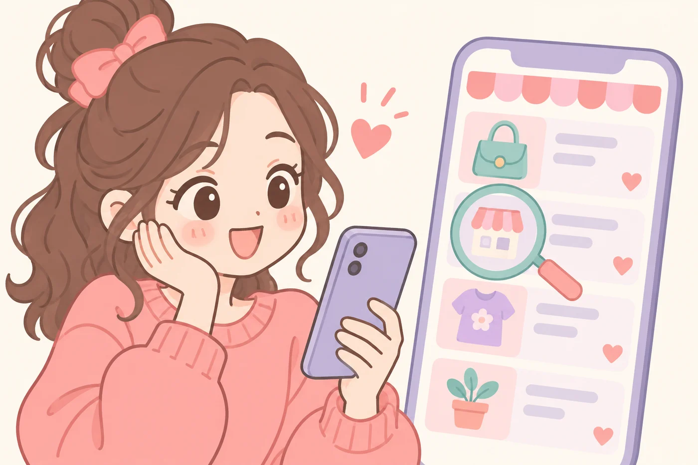 スマホで出品ページを確認している女性のイラスト