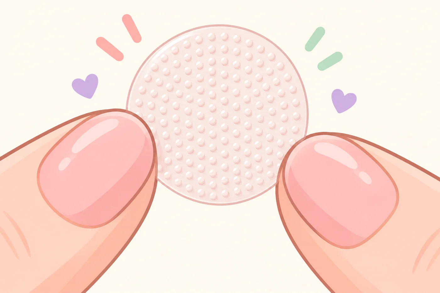 小さな突起が並んだパッチを指でつまんでいるイラスト