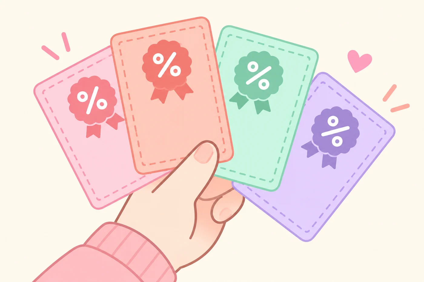 複数枚の割引クーポンカードを手に持っているイラスト