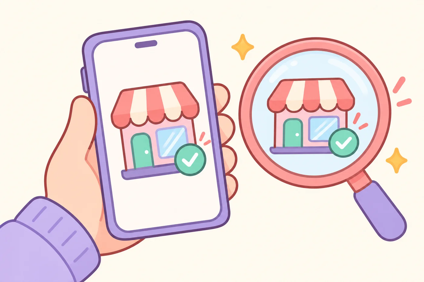 スマホの画面と拡大鏡で出品元を確認しているイラスト