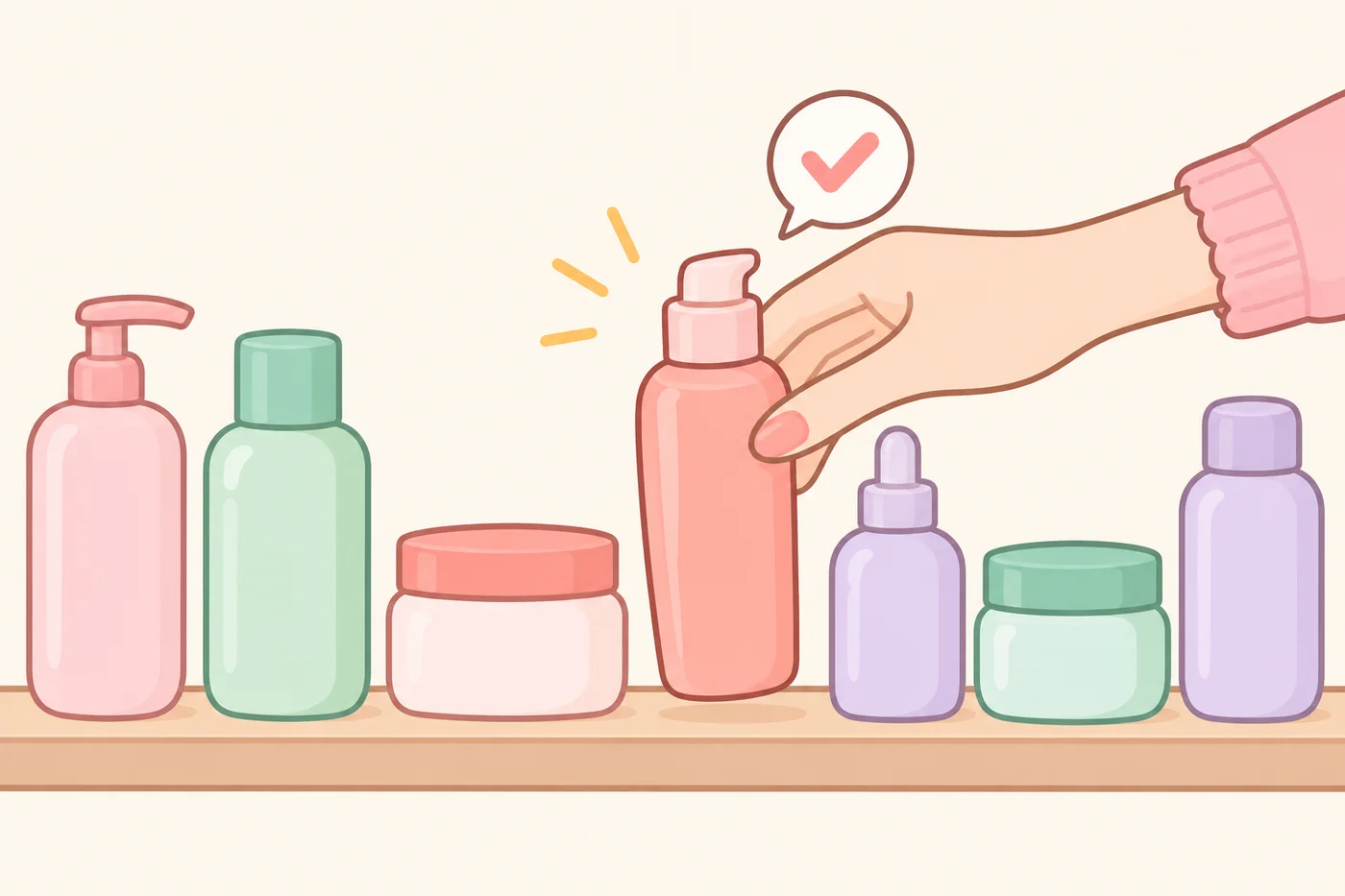 いくつかのスキンケアボトルから一つを選んでいる手のイラスト