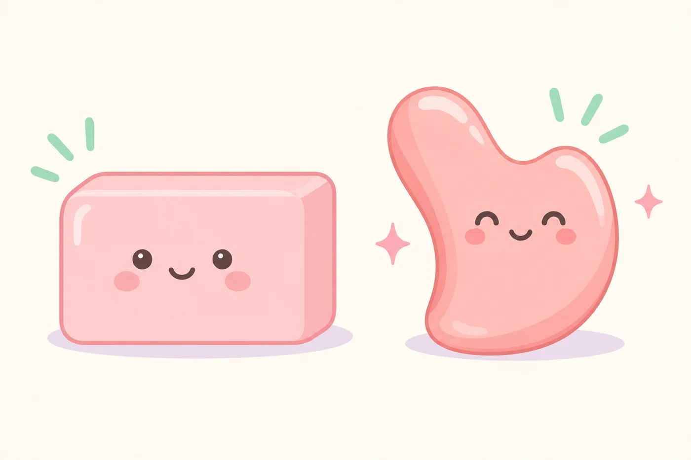 四角い石けんとカーブ形状のマッサージバーを比較したイラスト