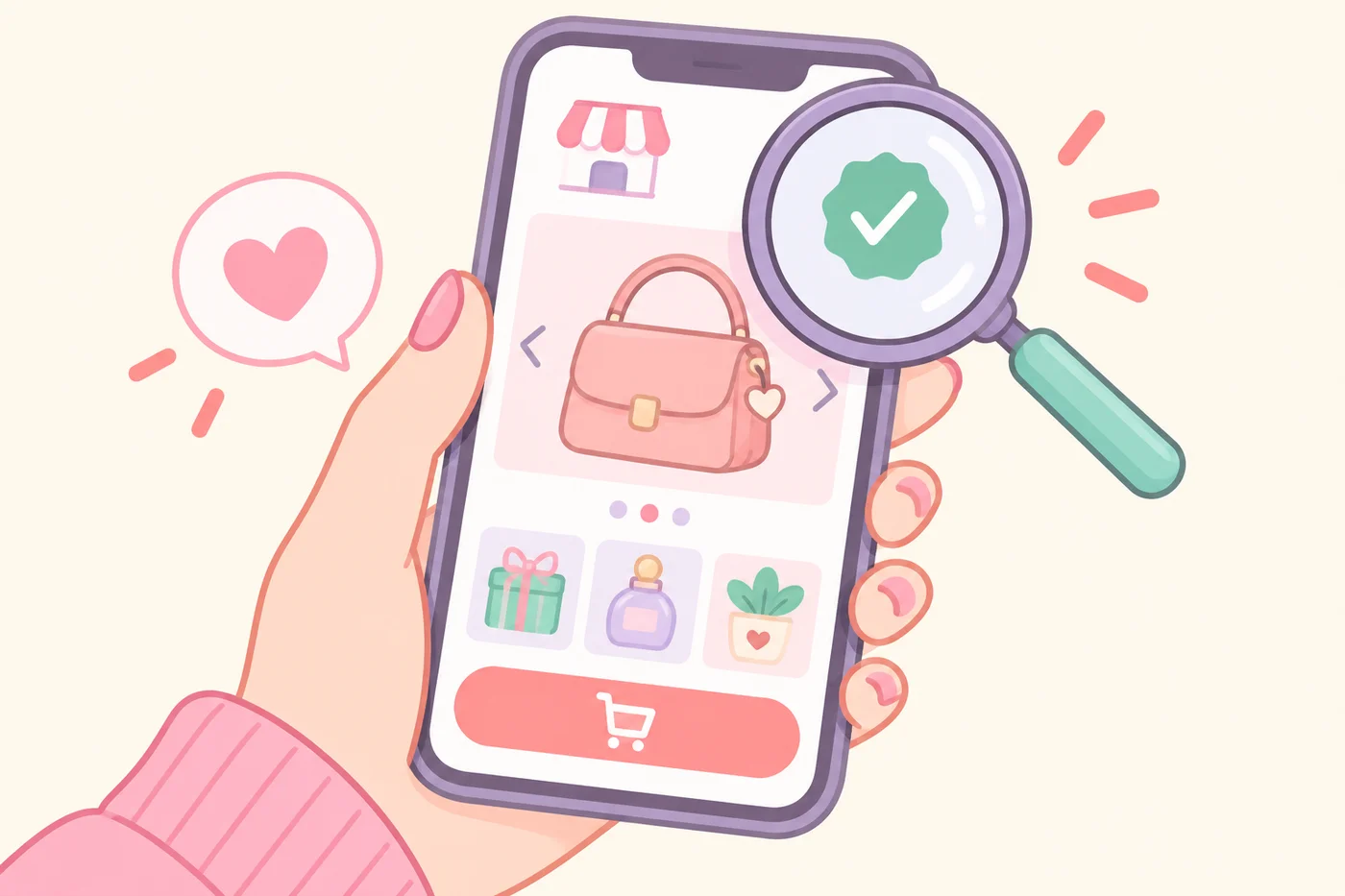 スマートフォンで公式ストア表示を確認しているイラスト
