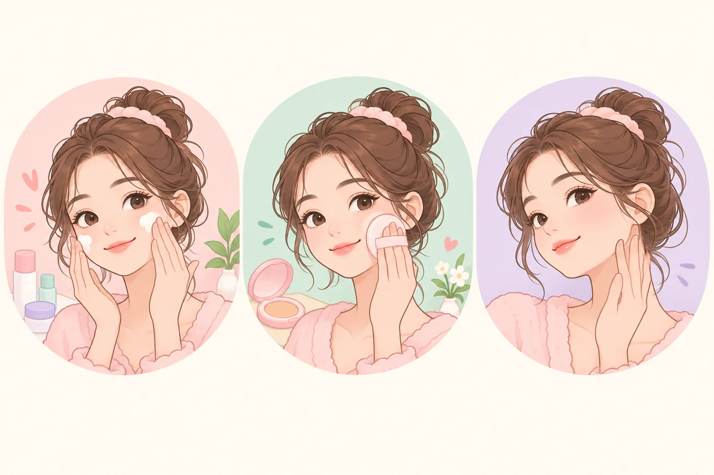 スキンケア後にパフで薄く重ねづけする使い方のイラスト