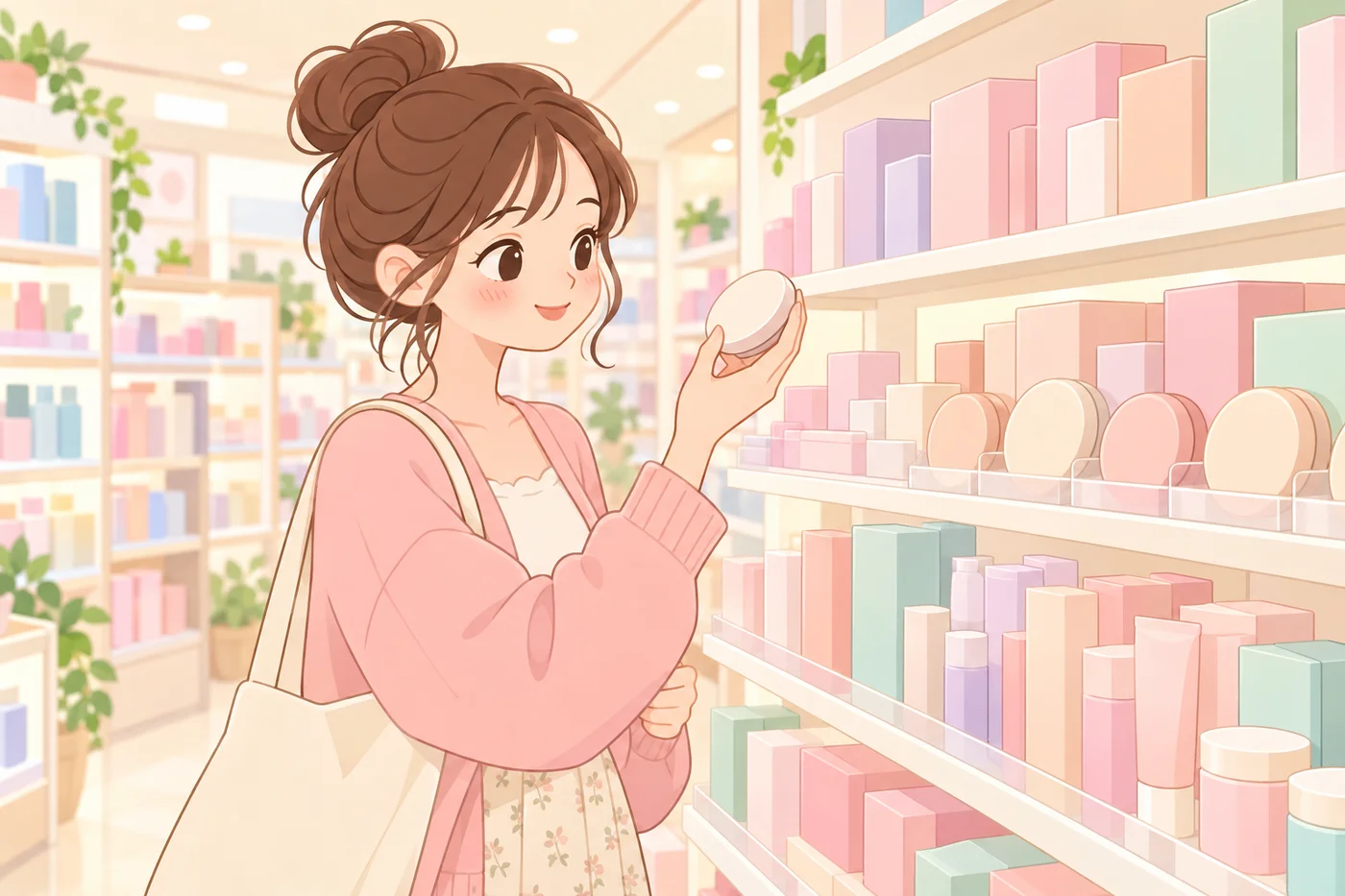 実店舗で商品を手に取る様子のイラスト