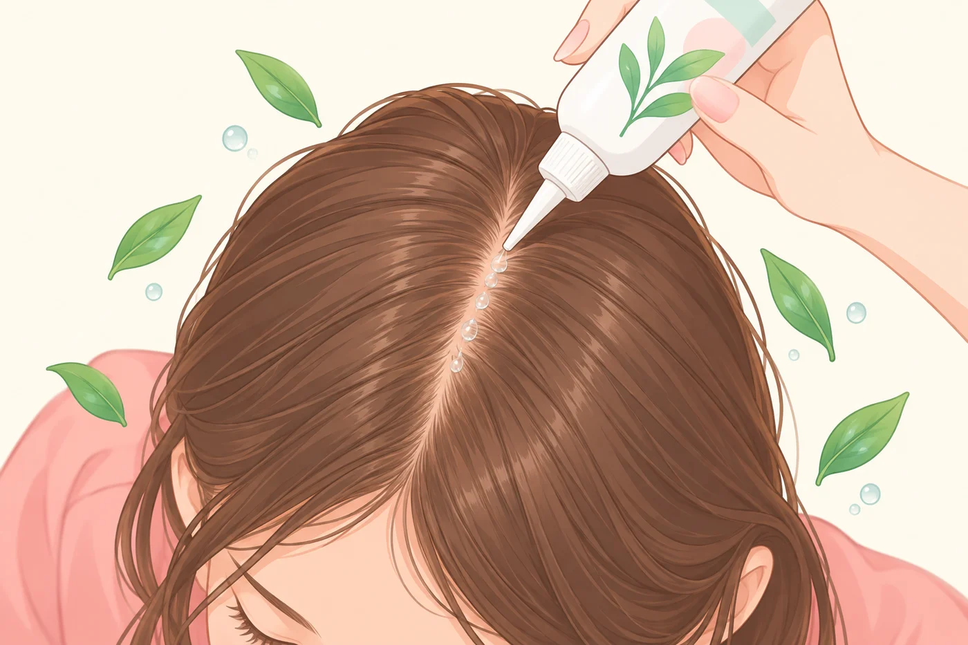 とがったノズルのボトルを髪の分け目にあてて頭皮に直接なじませているイラスト