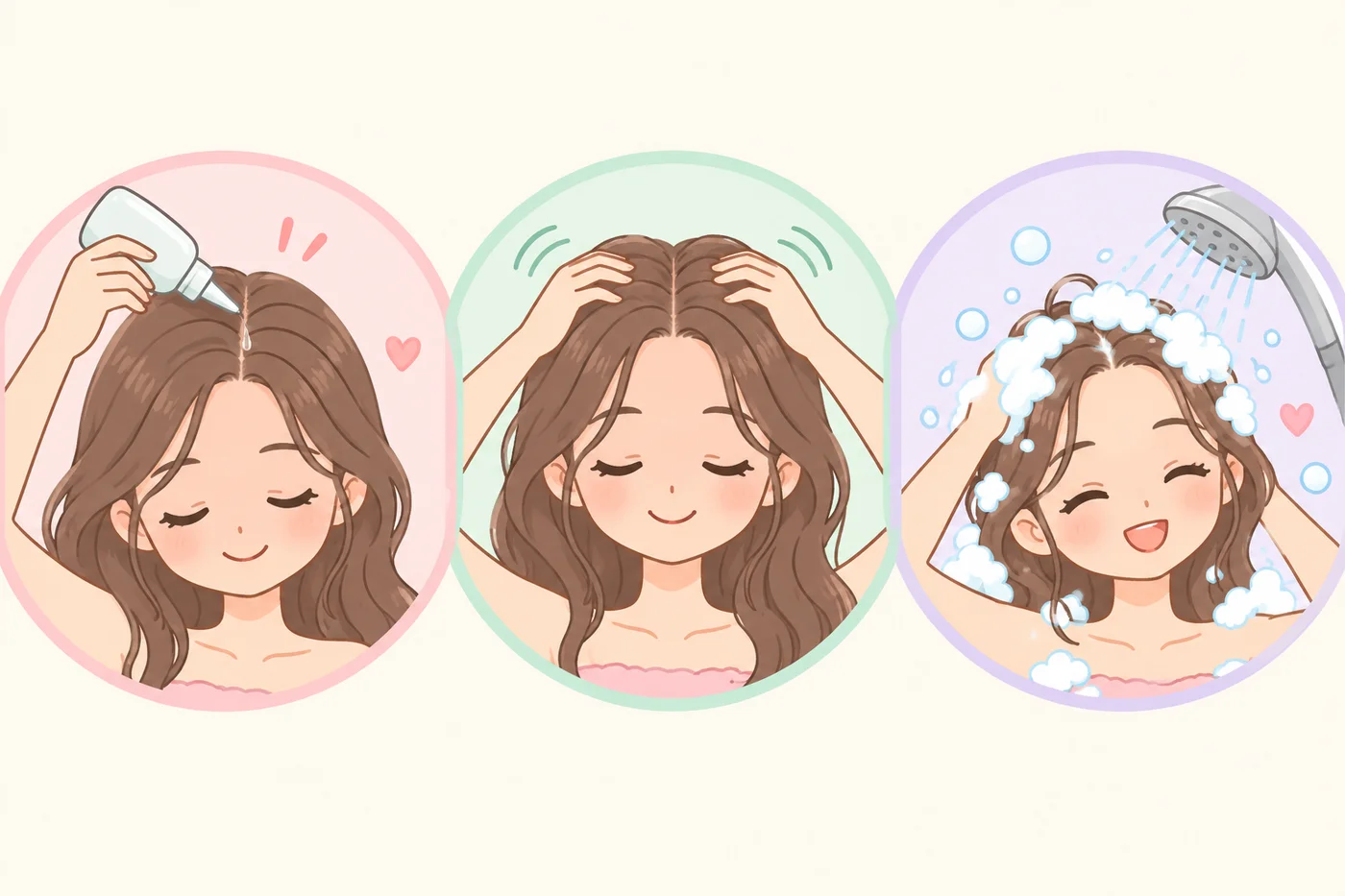 分け目に塗布、指の腹でマッサージ、シャンプーという3ステップのイラスト